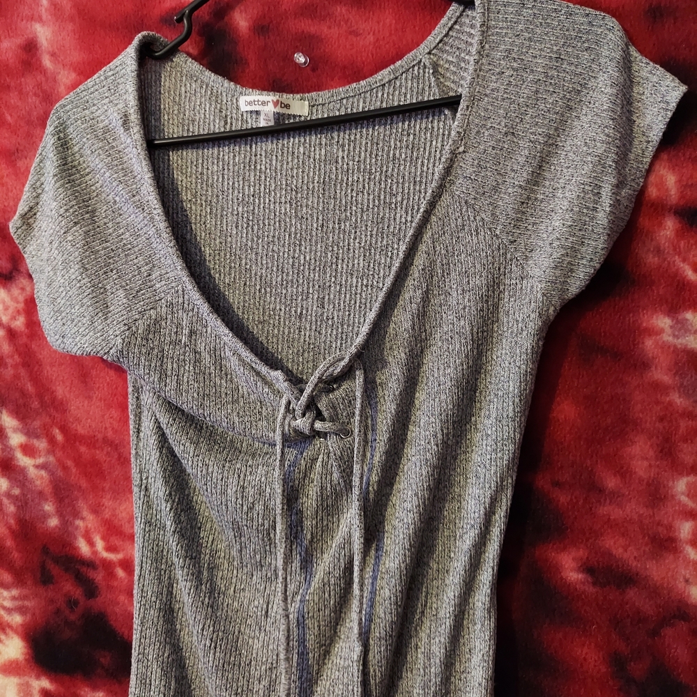 Gray Ribbed Tie-Front Top